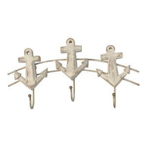 Ships Anchors Carved Wood Triple Single Hooks Painted Whitewash Finish 11 Inches